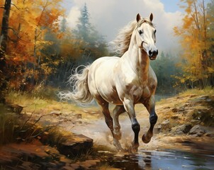 horse  running in a forest, white horse - ai generated