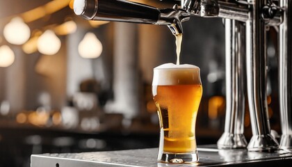 Fototapeta na wymiar light draft cold beer pour in glass from crane in pub