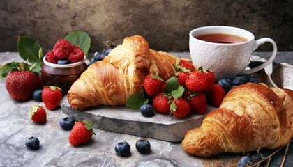 delicious breakfast with fresh croissants and ripe berries on old marble background