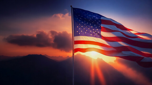 Flag of United States of America on a sunset background. Horizontal image
