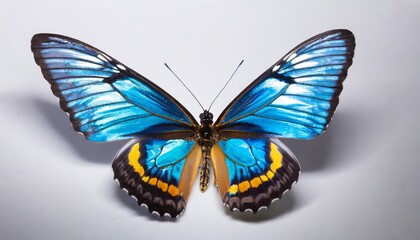 blue and colorful butterfly on white background
