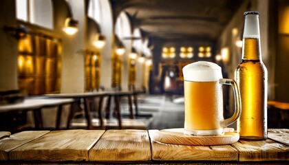 Fototapeta na wymiar fresh cold beer in glass and free space for your bottle bar interior background