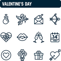 Valentine's day icons. Love and friendship day vector set. Outline icon design. Cupid and heart.