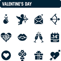 Valentine's day icons. Love and friendship day vector set. Filled icon design. Cupid and heart.