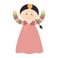 Cute girl in traditional Korean clothes hanbok character, isolated. Hand drawn cartoon vector illustration. Flat style design. New Year Seollal, Chuseok holiday card, poster, banner element