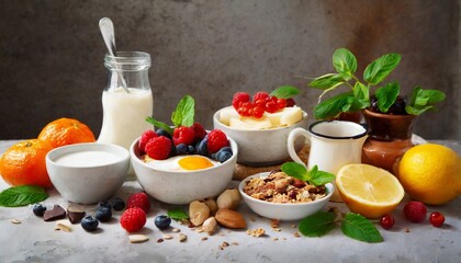 healthy breakfast ingredients - obrazy, fototapety, plakaty