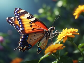 photo closeup shot of a beautiful butterfly with interesting textures on an orange flower