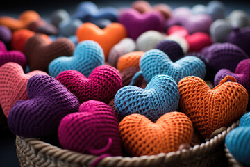Valentine's Day gift concept for lover. Set of bright multi-colored blue, pink, purple, lilac, peach, red, burgundy, green knitted hearts made of woolen threads on a table in room. Holiday toy - obrazy, fototapety, plakaty