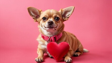 A happy chihuahua dog holding a red heart as symbol