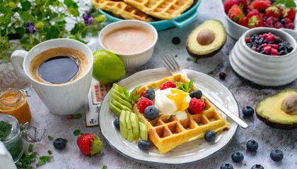 morning breakfast on a table above waffles with cream berries coffee cappuccino bowl omlet with vegetables bread with butter avocado cream vegan food healthy food meal - obrazy, fototapety, plakaty