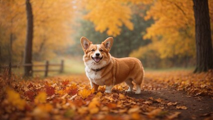 Happy Corgi dog on Autumn nature background 