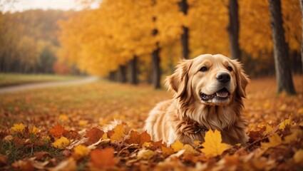 Happy golden retriver dog on Autumn nature background 