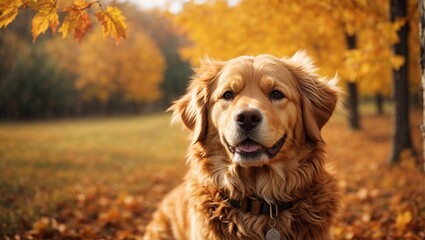 Happy golden retriver dog on Autumn nature background 