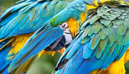 close up of beautiful bird feathers of blue and yellow macaw exotic natural textured background in different blue colors and yellow lagoa das araras mato grosso brazil - obrazy, fototapety, plakaty