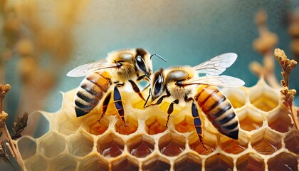macro photo of working bees on honeycombs beekeeping and honey production image - obrazy, fototapety, plakaty