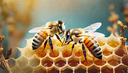 Fotobehang macro photo of working bees on honeycombs beekeeping and honey production image © Katherine