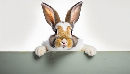 rabbit looking over a signboard on white background