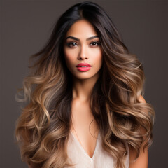 Fototapeta premium Portrait of a beautiful young woman, model with long wavy hair demonstrating coloring. Grey background. 