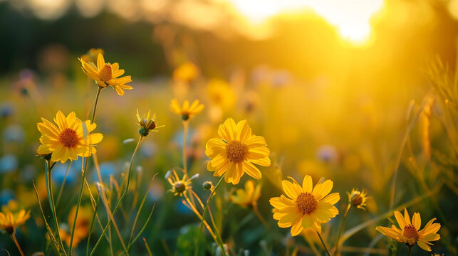 黄色い花の草の草原の柔らかい焦点の夕焼け野原の風景GenerativeAI