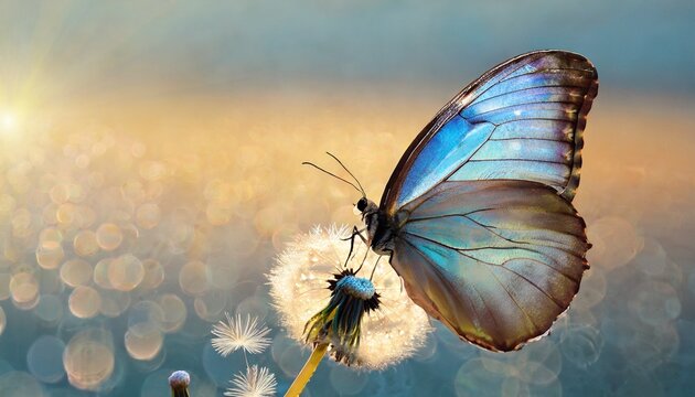 Fototapeta natural pastel background morpho butterfly and dandelion seeds of a dandelion flower in drops of water on a background of sunrise