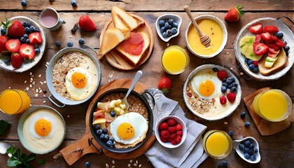 healthy breakfast table scene with fruit yogurts oatmeal smoothie nutritious toasts and egg skillet top view over a wood background - obrazy, fototapety, plakaty