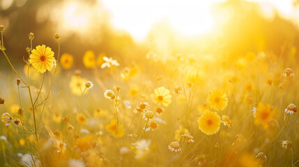 黄色い花の草の草原の柔らかい焦点の夕焼け野原の風景GenerativeAI - obrazy, fototapety, plakaty