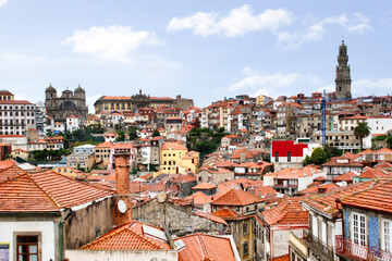 Naklejka na ściany i meble An overview of the beautiful Portuguese city of Porto with its characteristic multicolored houses