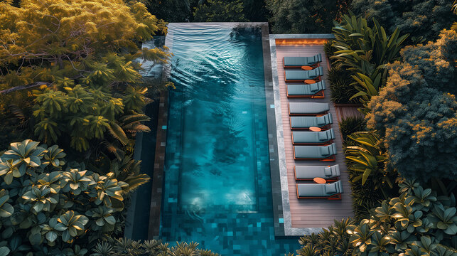 bird's-eye view of a luxurious pool villa hotel nestled in the midst of a serene forest