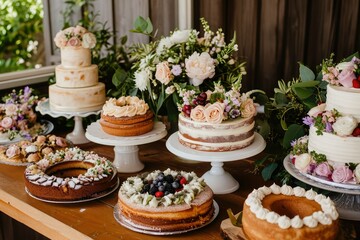 Table with different homemade wedding cakes.