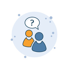 Cartoon question mark icon vector illustration. A group of people talk on bubbles background. Ask sign concept.
