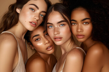 four woman portrait, beautful females, model, studio shot, cosmetic, neutral colours