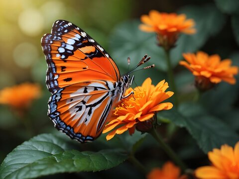 photo closeup shot of a beautiful butterfly with interesting textures on an orange flower