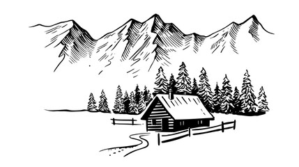 Winter landscape sketch. Wood cabin landscape