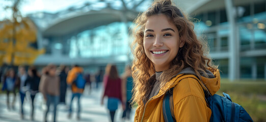 Fototapeta premium Back to school cheer: Radiant student with a bright smile on a campus pathway, embodying academic optimism and youth.