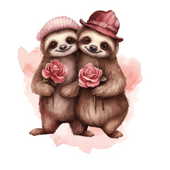 Obraz premium love couple sloths holding roses in hands