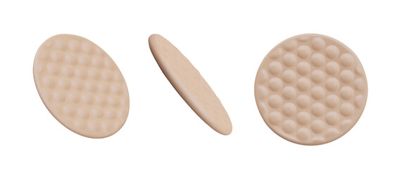 Set of realistic sponges for powder, makeup products. Vector textured objects, view from different angles. Round sponge pads for liquid and cream products