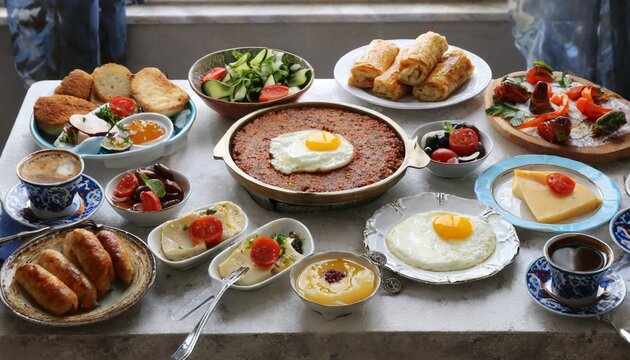 turkish breakfast with various plates on a table