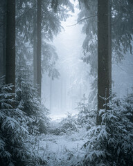 Winter scene of a vast forest with an abundance of trees blanketed in white snow