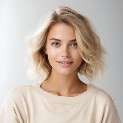 Fototapeta premium young happy blonde woman posing and looking in camera,white background