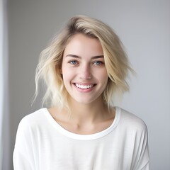 young happy blonde woman posing and looking in camera,white background