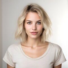 young happy blonde woman posing and looking in camera,white background