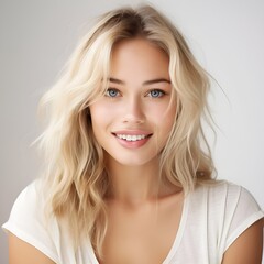 young happy blonde woman posing and looking in camera,white background