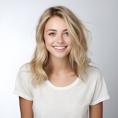 young happy blonde woman posing and looking in camera,white background