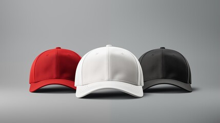 Set of blank white, black and red baseball cap mockup template isolated on grey background