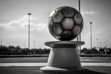 Monochrome soccer ball displayed on a pedestal amidst the backdrop of a stadium. Generative AI