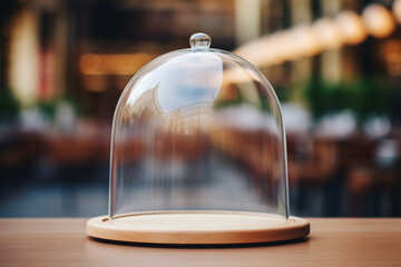 Clear glass cloche dome with a handle, placed on a table in a restaurant, showcasing an empty dish. Empty protective showcase for food mock-up with copy space. AI-generated