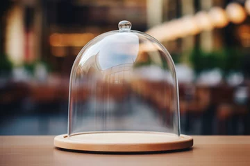 Foto op Canvas Clear glass cloche dome with a handle, placed on a table in a restaurant, showcasing an empty dish. Empty protective showcase for food mock-up with copy space. AI-generated © Punkbarby