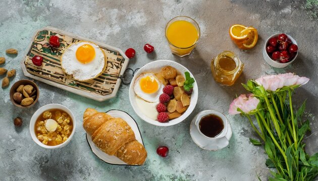 continental breakfast captured from above on concrete background
