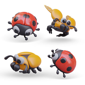Collection with different insects in different positions. Realistic red ladybird. Standing and flying yellow scarab. Concept of bugs. Vector illustration in 3d style