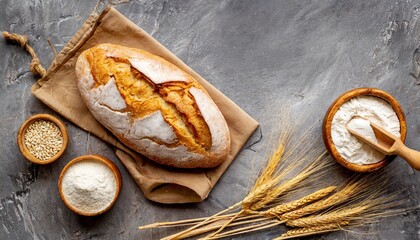 fresh bread with wheat ears and bowl of flour top view - obrazy, fototapety, plakaty